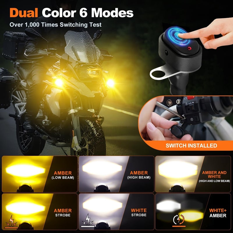 LEDMIRCY Motorcycle Driving Lights Kit, LED Luces Exploradoras Para Moto with Switch Wiring Harness Auxiliary Spot Light 6Modes White/Amber Strobe Offroad Fog Light with Memory Function IP68 Waterproof - Image 4